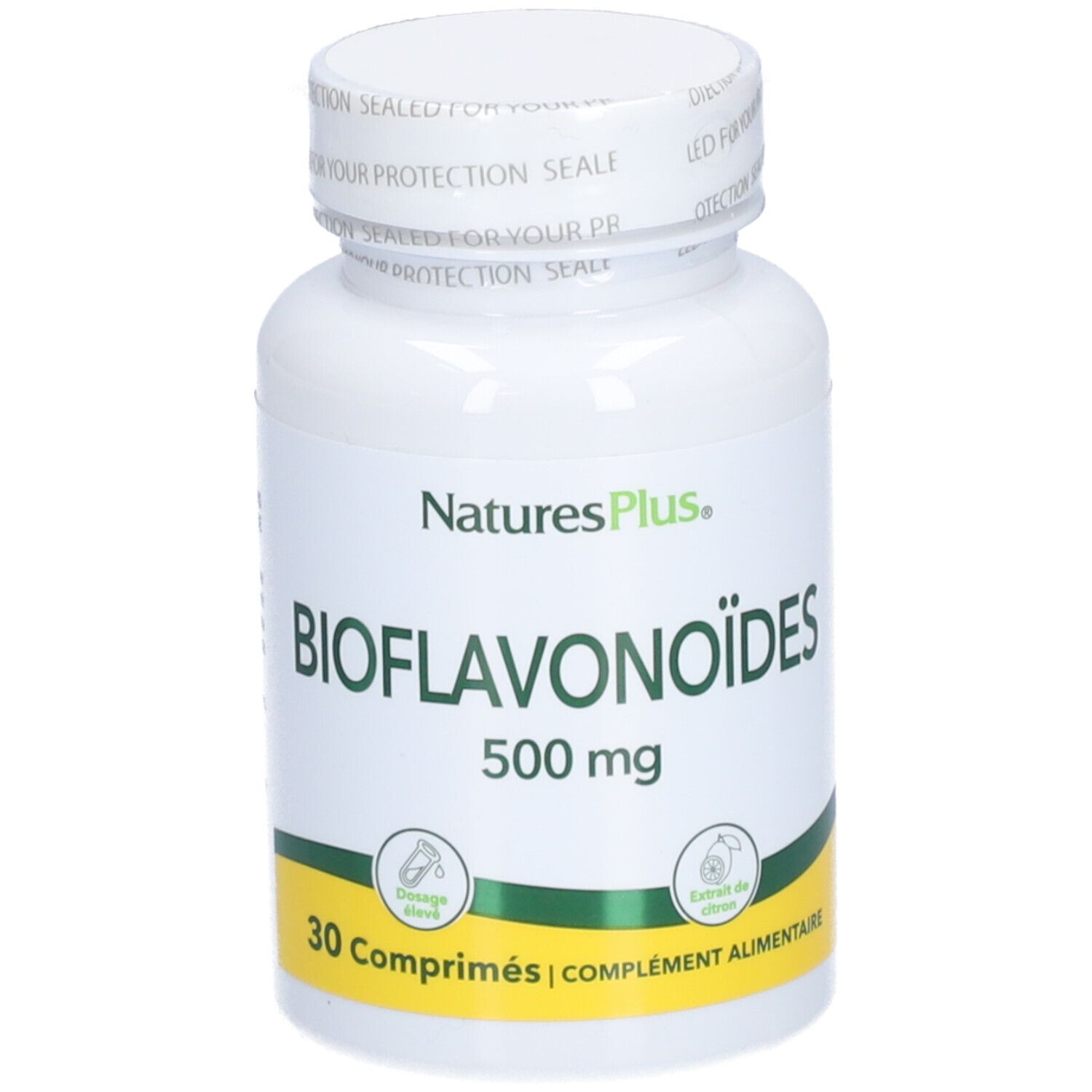 Flacon blanc de comprimés. Inscription: BIOFLAVONOÏDES 500 mg. 30 comprimés. Marque: NaturesPlus.