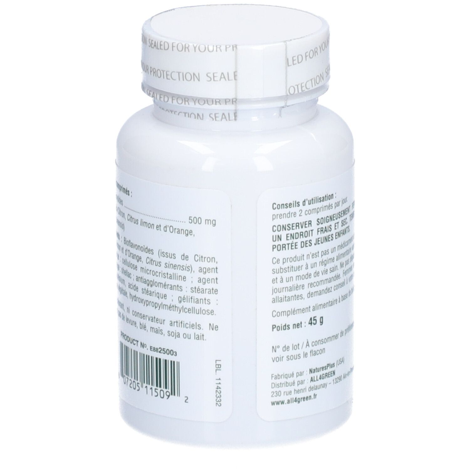 Dos du flacon blanc de comprimés. Texte: ingrédients, mode d'emploi, poids 45 g. Marque: NaturesPlus.