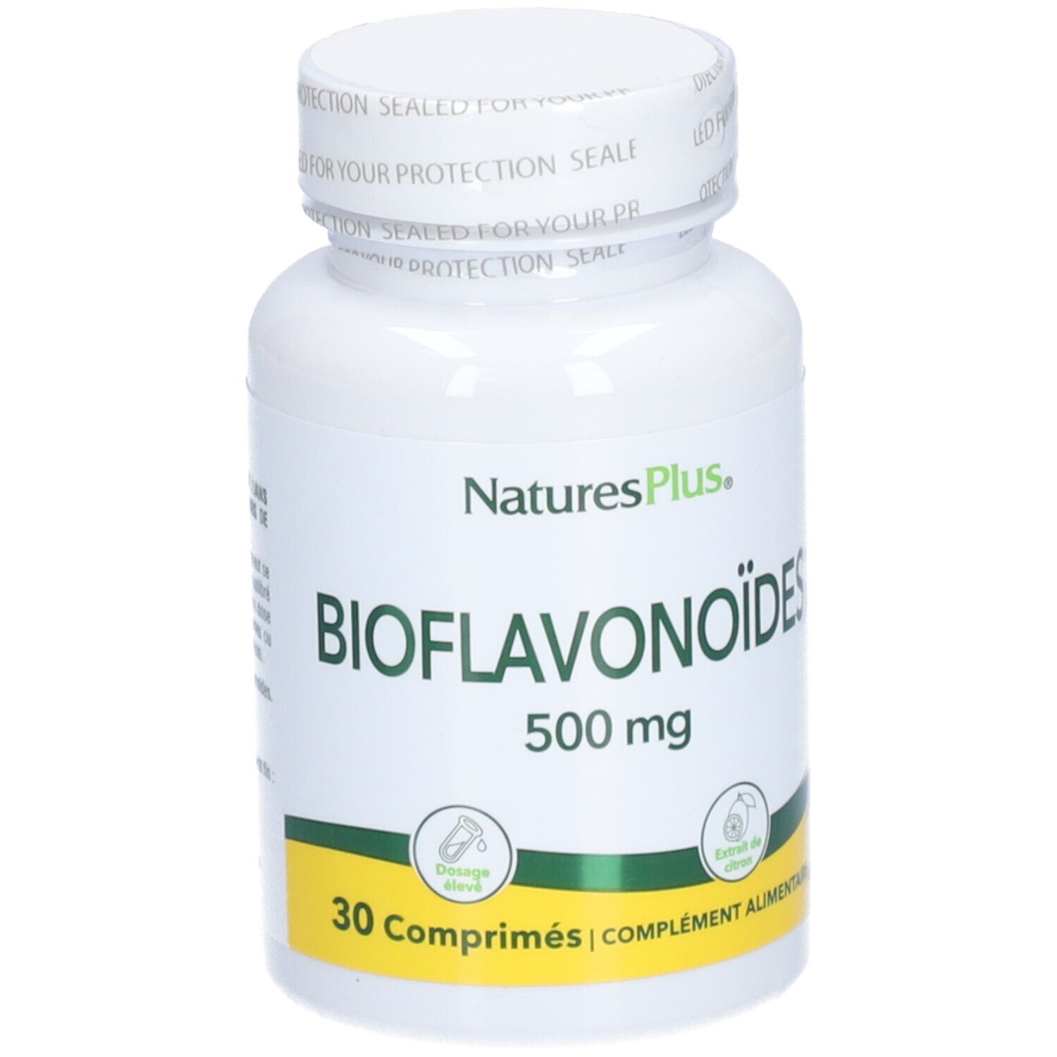 Flacon blanc de comprimés. Inscription: BIOFLAVONOÏDES 500 mg. 30 comprimés. Marque: NaturesPlus.