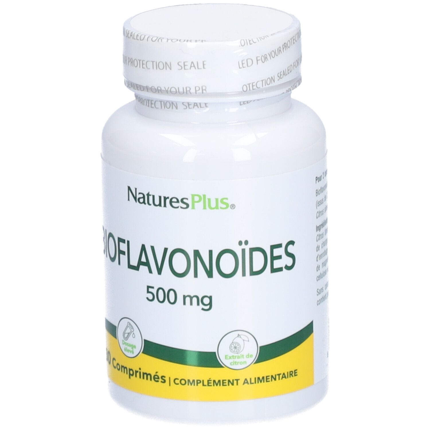 Flacon blanc de comprimés. Inscription: BIOFLAVONOÏDES 500 mg. 30 comprimés. Marque: NaturesPlus.