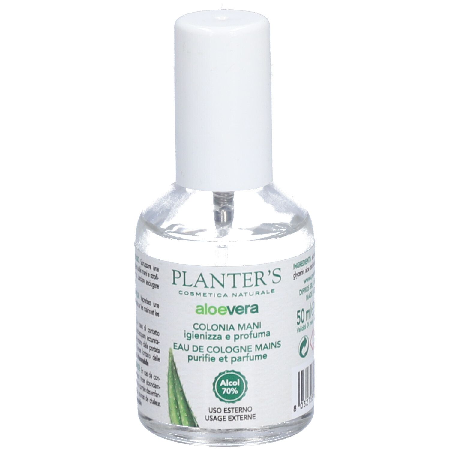 Transparante fles met witte spraykop. Opschrift: Planter's Aloe Vera, Colonia Mani, Eau de Cologne Mains. Bevat 70% alcohol.