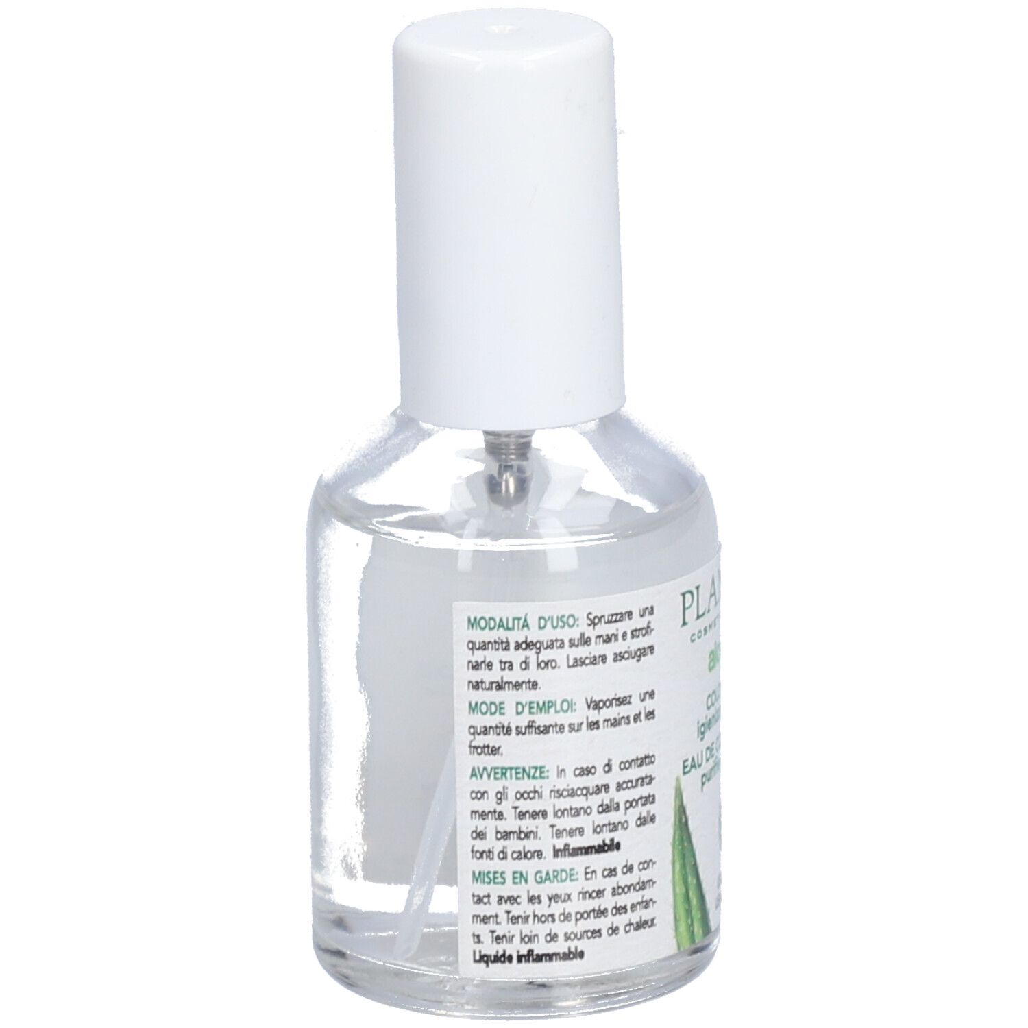 Transparante fles met witte spraykop. Tekst op etiket met instructies en waarschuwingen. Vloeistof zichtbaar.