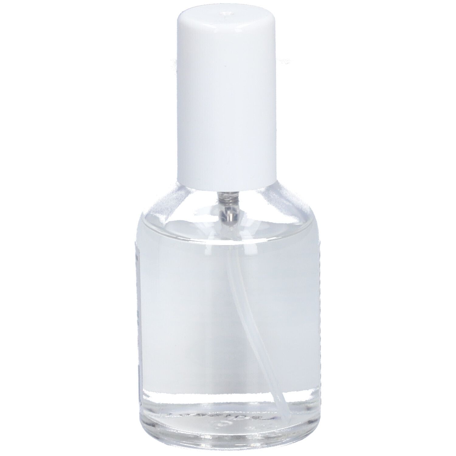 Transparante fles met witte spraykop. Vloeistof zichtbaar. Zijaanzicht van het product.