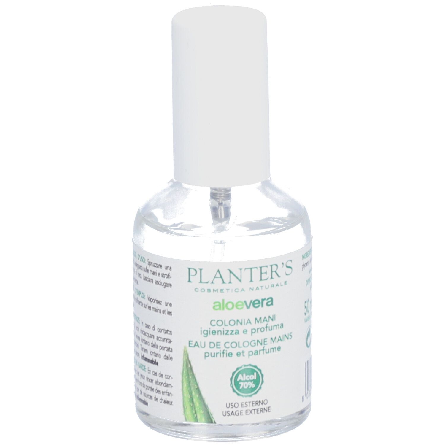 Transparante fles met witte spraykop. Opschrift: Planter's Aloe Vera, Colonia Mani, Eau de Cologne Mains. Bevat 70% alcohol.