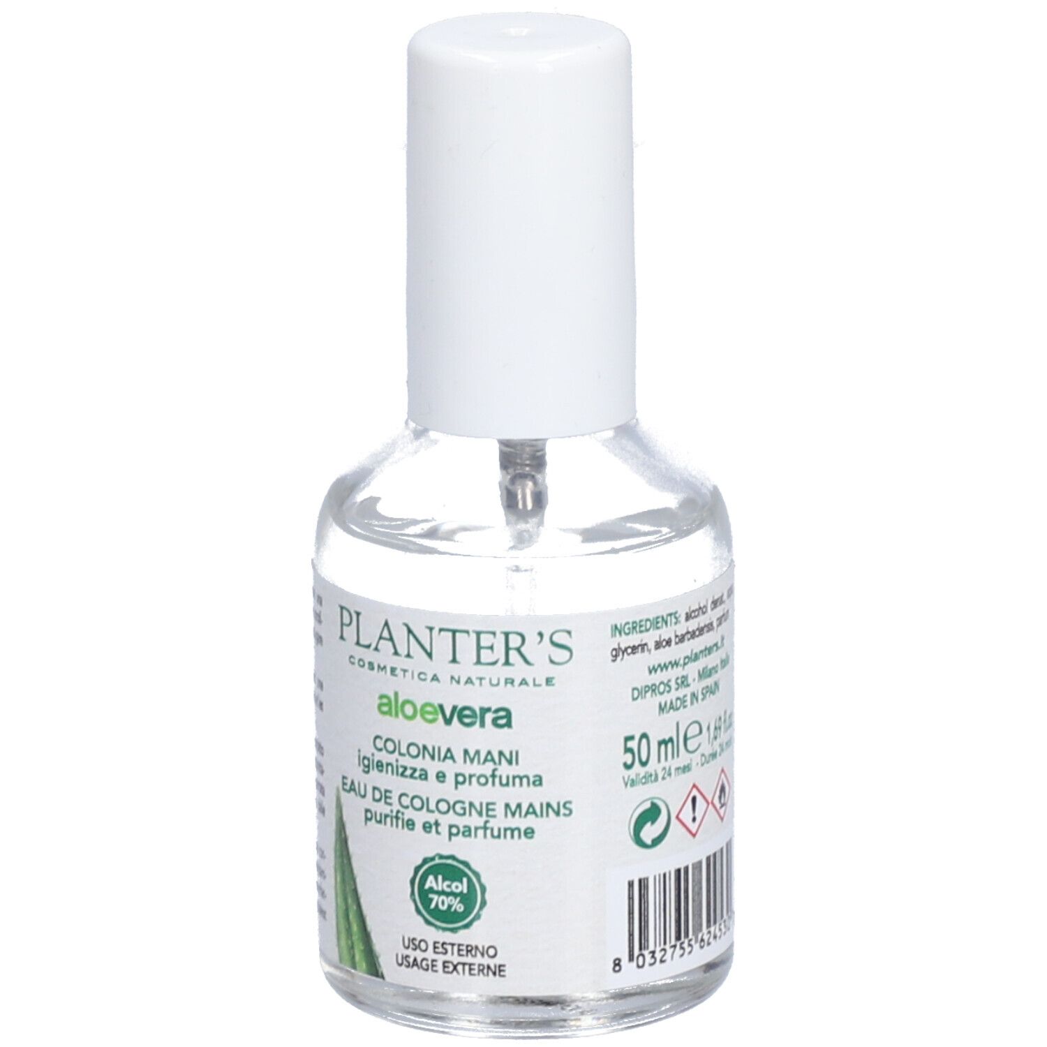 Transparante fles met witte spraykop. Opschrift: Planter's Aloe Vera, Colonia Mani, Eau de Cologne Mains. 50 ml.