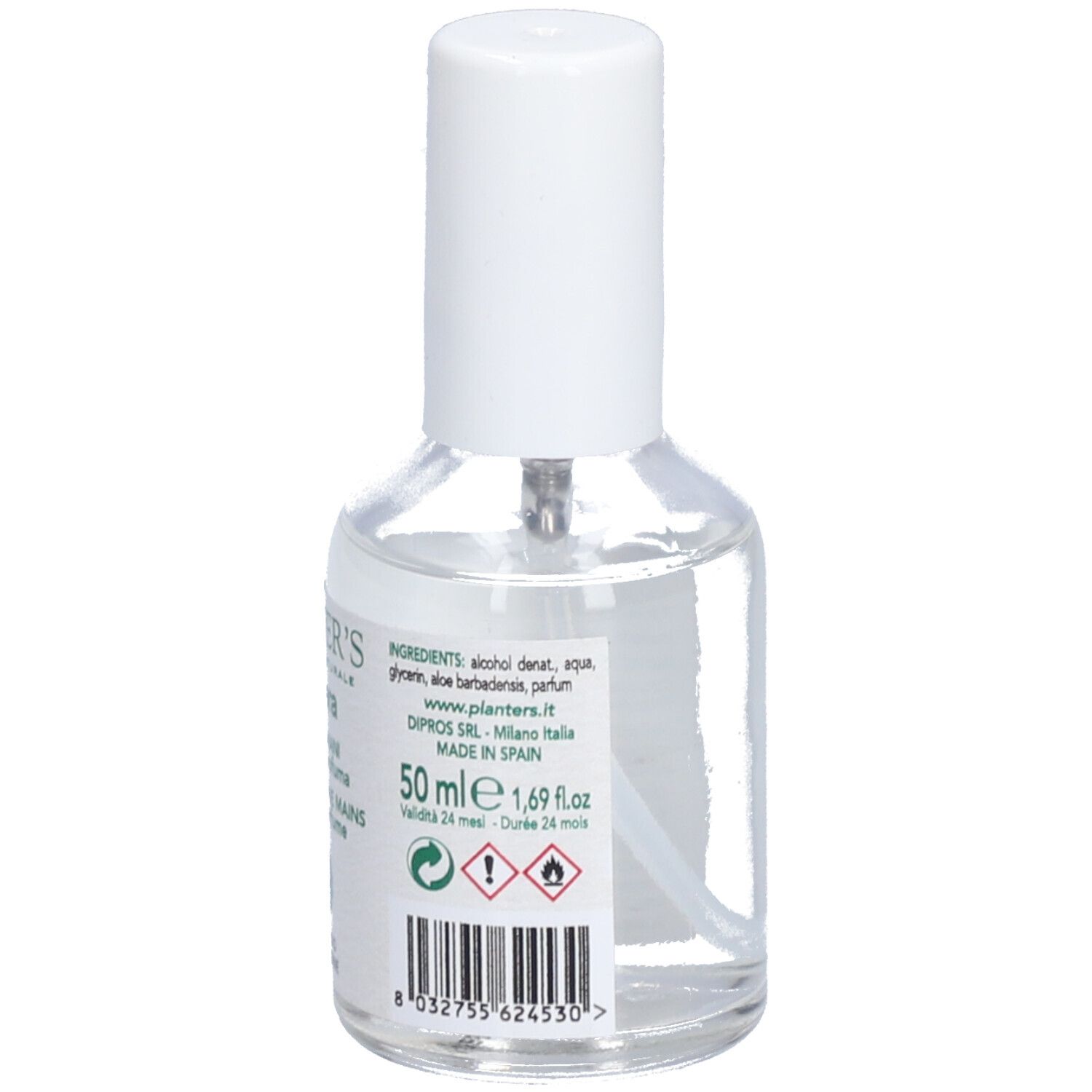 Transparante fles met witte spraykop. Opschrift: Planter's Aloe Vera, Colonia Mani, Eau de Cologne Mains. 50 ml, 1,69 fl oz.
