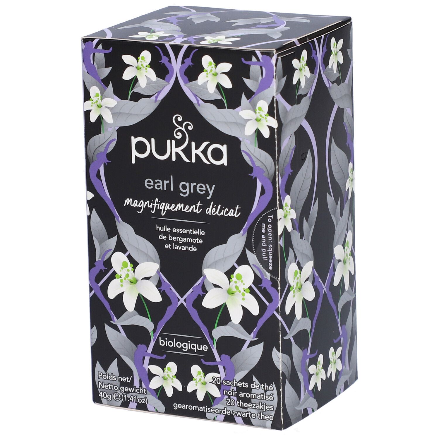 Boîte de thé noir Pukka Earl Grey, motif floral. Contient 20 sachets. Ingrédients biologiques.