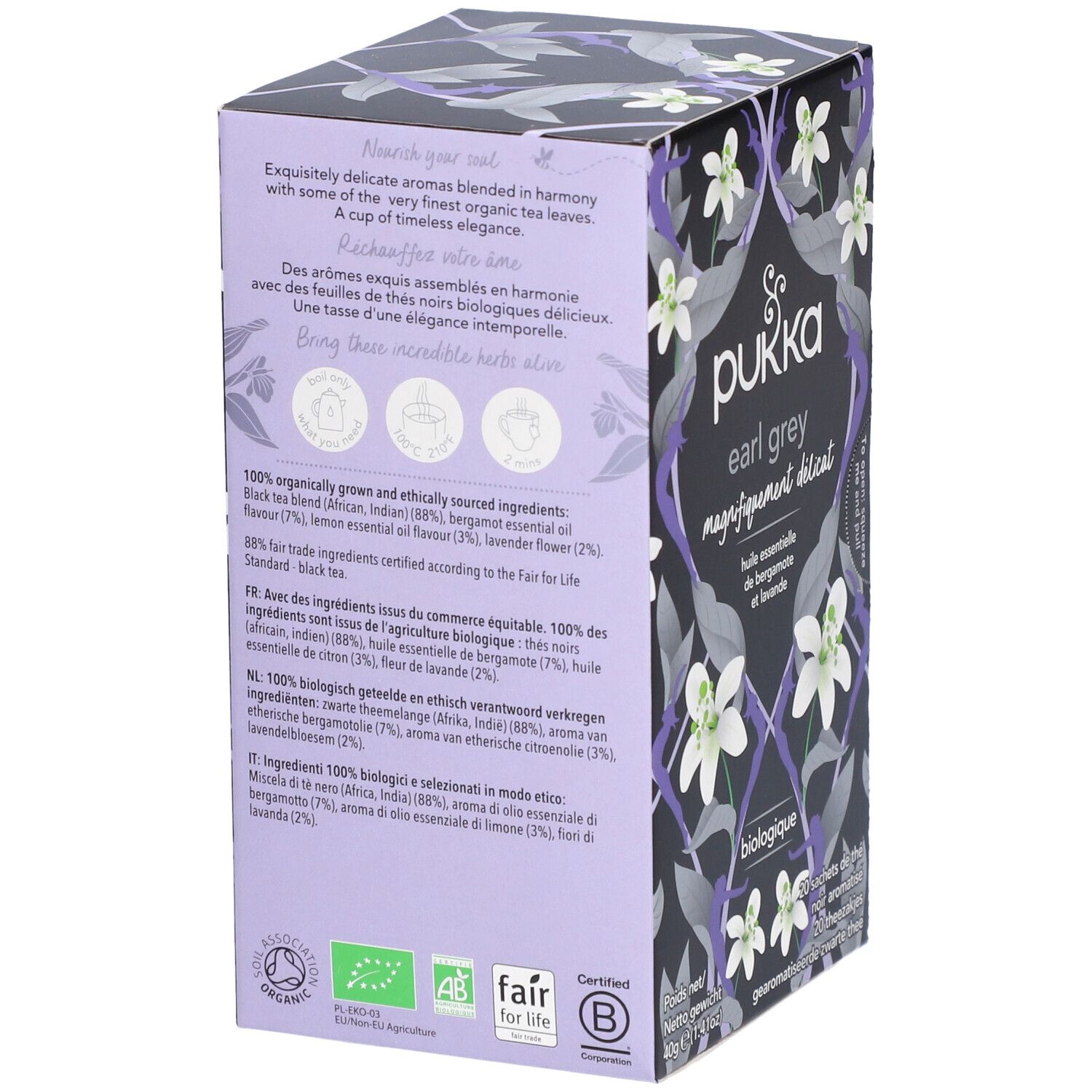 Dos de la boîte de thé Pukka Earl Grey. Texte multilingue. Certifications: Bio, Fair for Life.