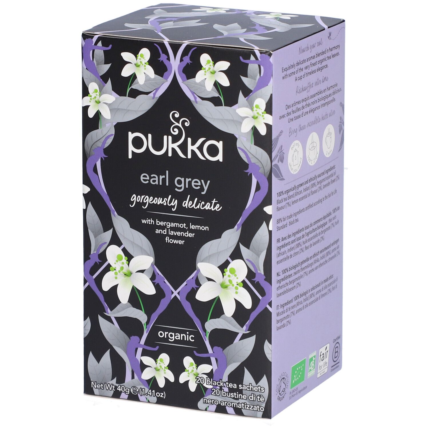 Boîte de thé Pukka Earl Grey avec motif floral. Contient 20 sachets. Inscription: Organic.