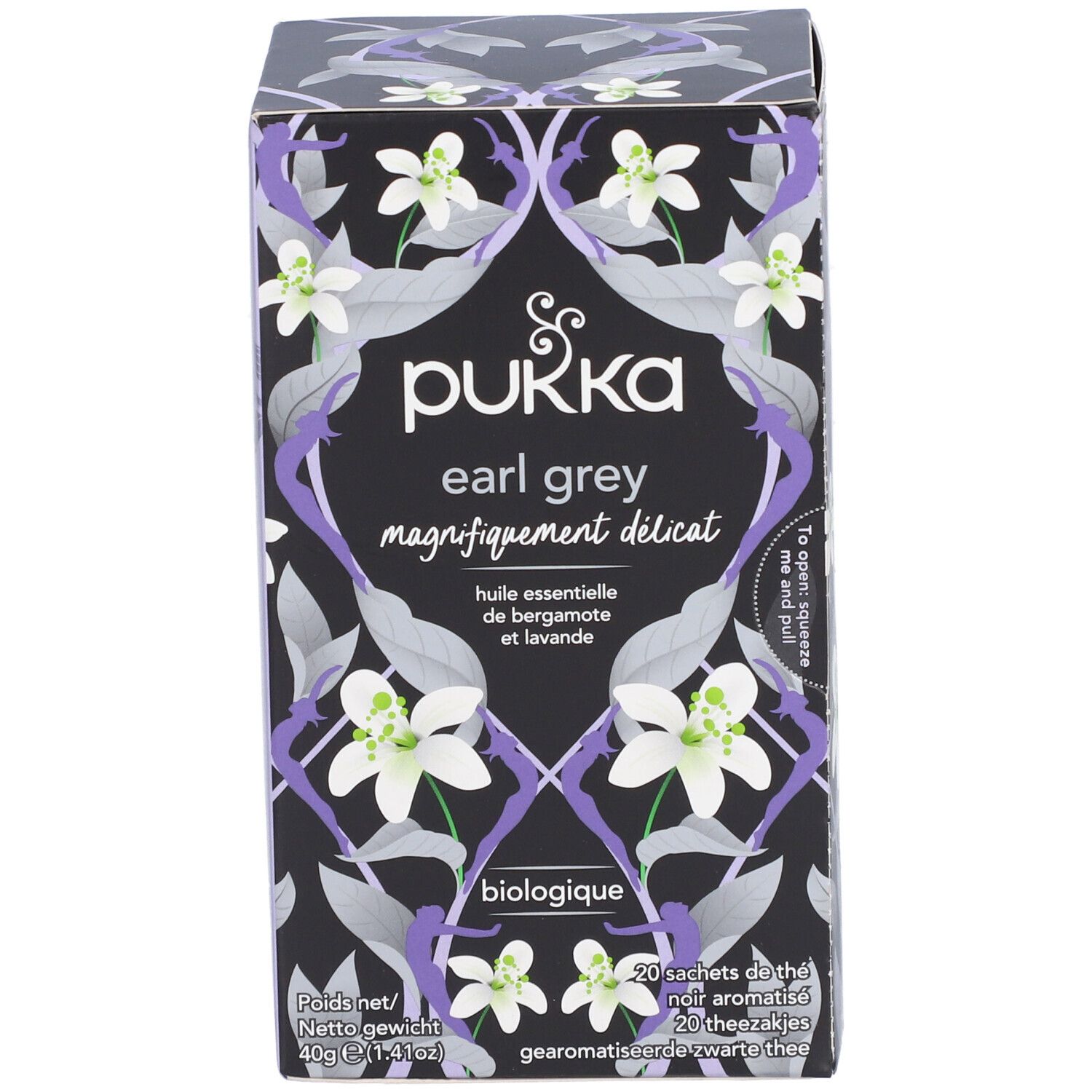 Boîte de thé noir Pukka Earl Grey, motif floral. Contient 20 sachets. Ingrédients biologiques.