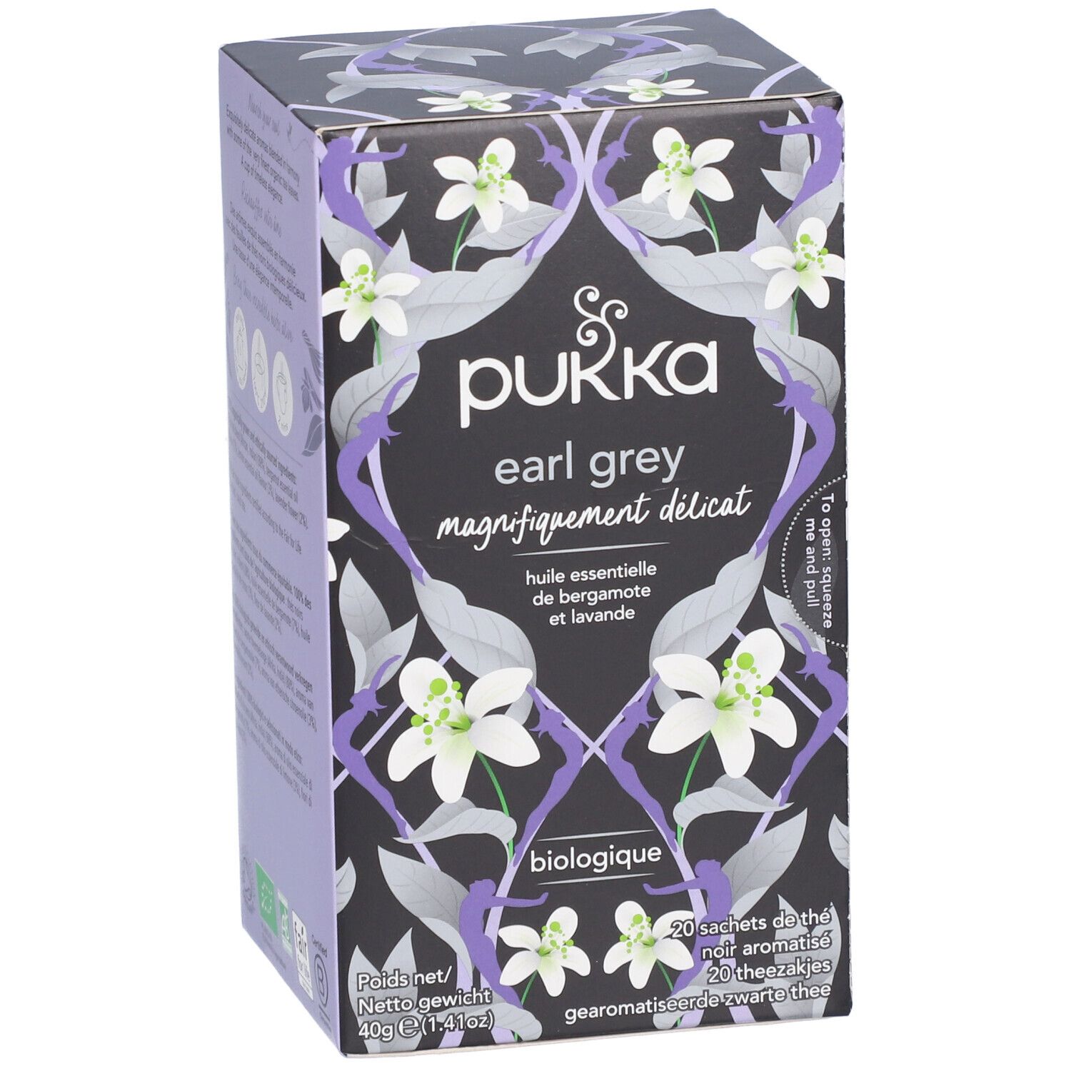 Boîte de thé Pukka Earl Grey avec motif floral. Contient 20 sachets. Inscription: Biologique.