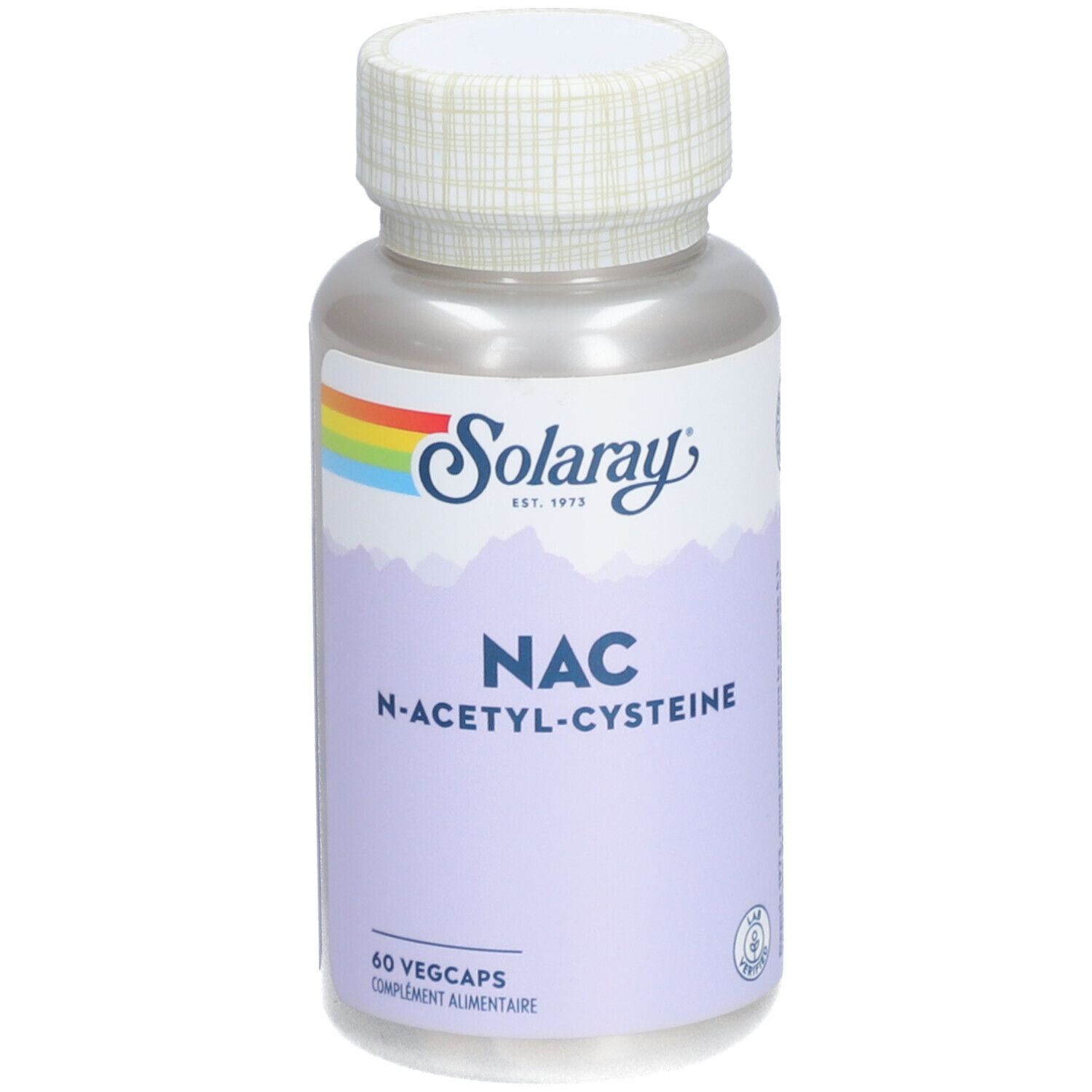 Flacon de gélules. Inscription: Solaray, NAC N-Acétyl-Cystéine. 60 Vegcaps. Logo arc-en-ciel.