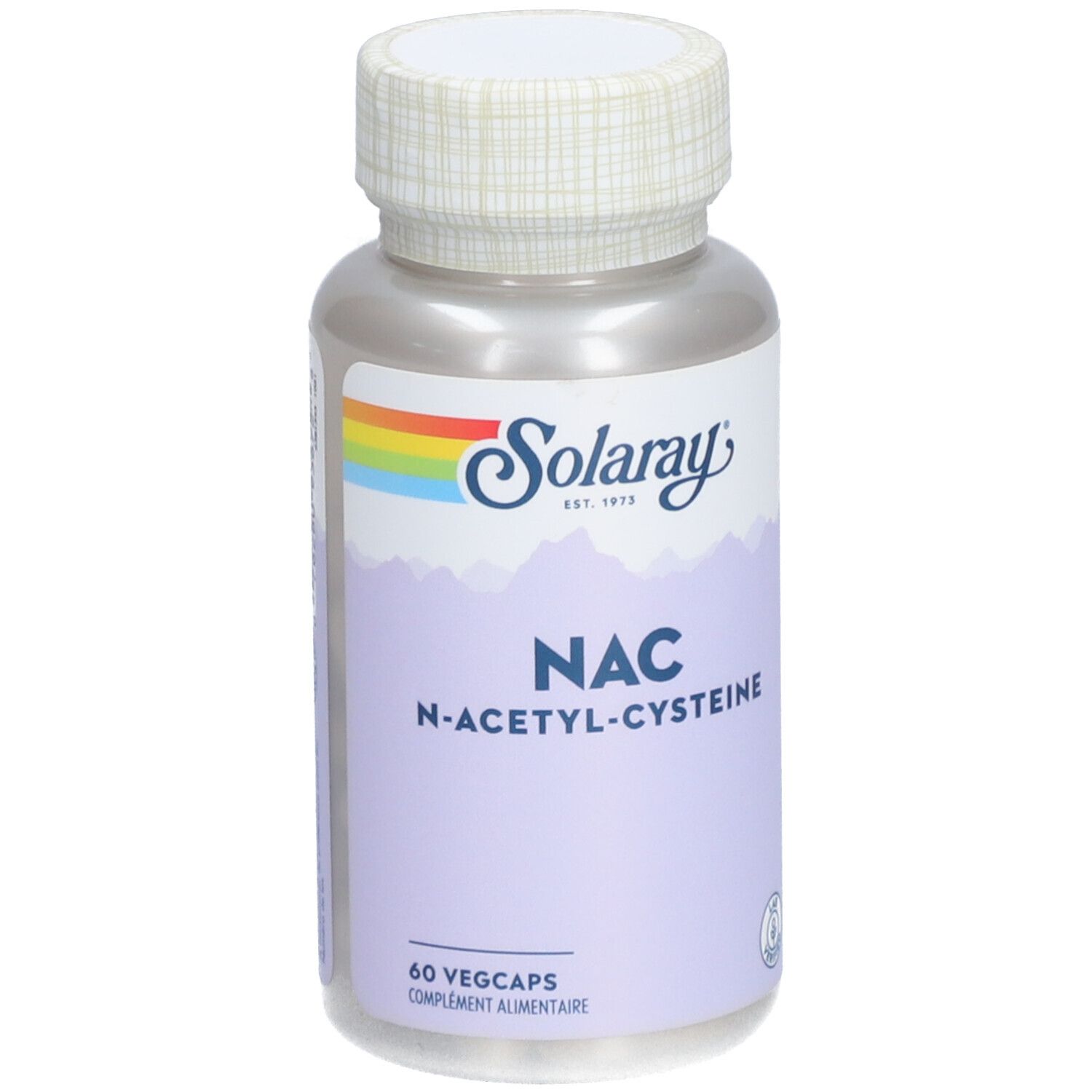 Flacon de gélules. Inscription: Solaray, NAC N-Acétyl-Cystéine. 60 Vegcaps. Logo arc-en-ciel.