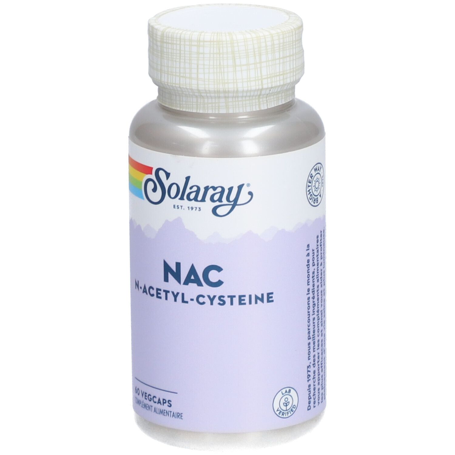 Flacon de gélules. Inscription: Solaray, NAC N-Acétyl-Cystéine. 60 Vegcaps. Logo et certification.