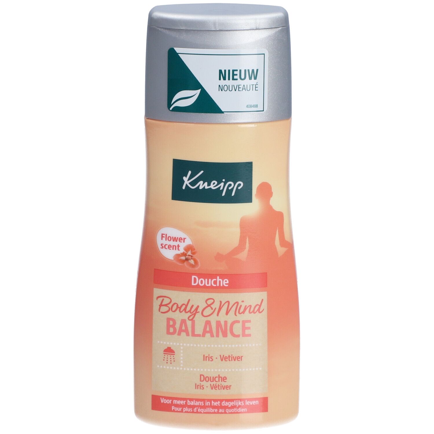 Gel douche Kneipp Body & Mind Balance. Bouteille avec bouchon argenté. Inscription: Iris - Vétiver. Avec le sceau 'Nouveau'.