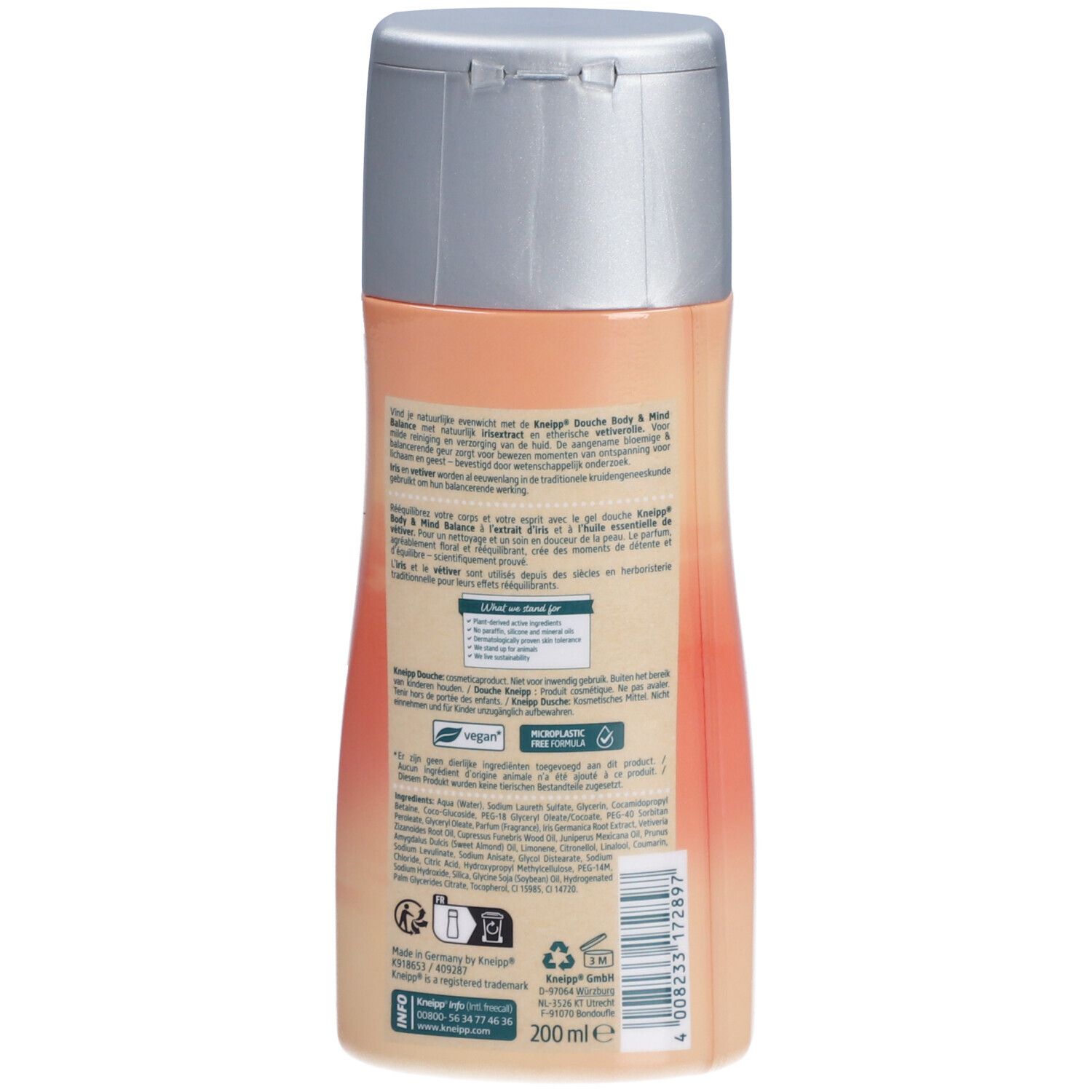 Dos de la bouteille de gel douche. Informations textuelles et ingrédients. Avec sceaux végétaliens et Non-Plastique.