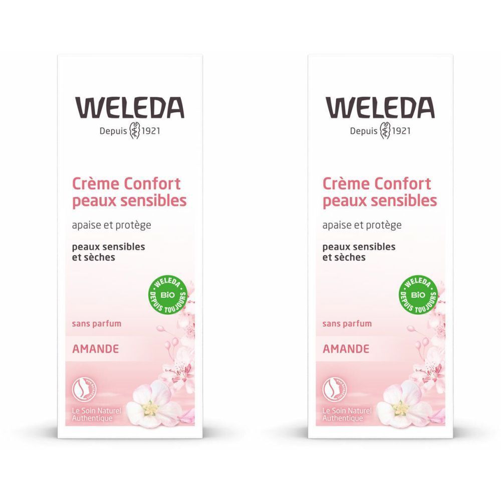 Zwei rechteckige Verpackungen. Aufschrift: WELEDA, Crème Confort, peaux sensibles, sans parfum, AMANDE. Bio-Siegel.