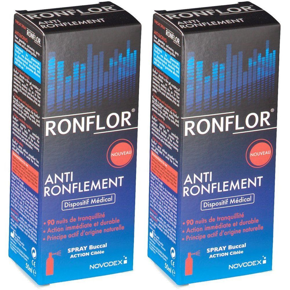 Twee dozen RONFLOR Anti-snurken. Opschrift: "Dispositif Médical". Met rode "NOUVEAU" sticker. Blauwe en witte graphics.