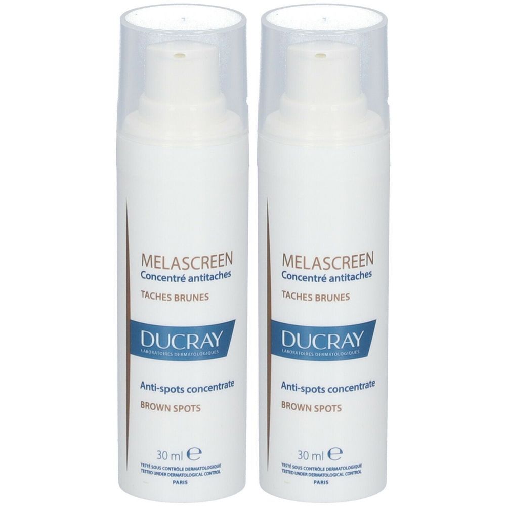 Deux flacons blancs avec bouchon transparent. Inscription: MELASCREEN, Concentré antitaches, TACHES BRUNES, DUCRAY, Anti-spots concentrate, BROWN SPOTS. 30 ml.