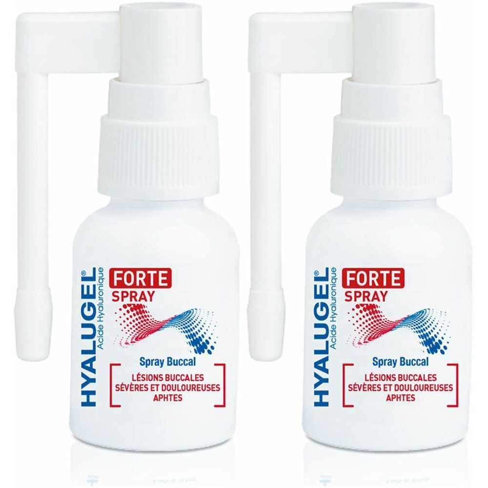 Deux flacons spray blancs. Inscription: HYALUGEL, FORTE SPRAY, Spray Buccal. Pour plaies sévères et douloureuses, aphtes.
