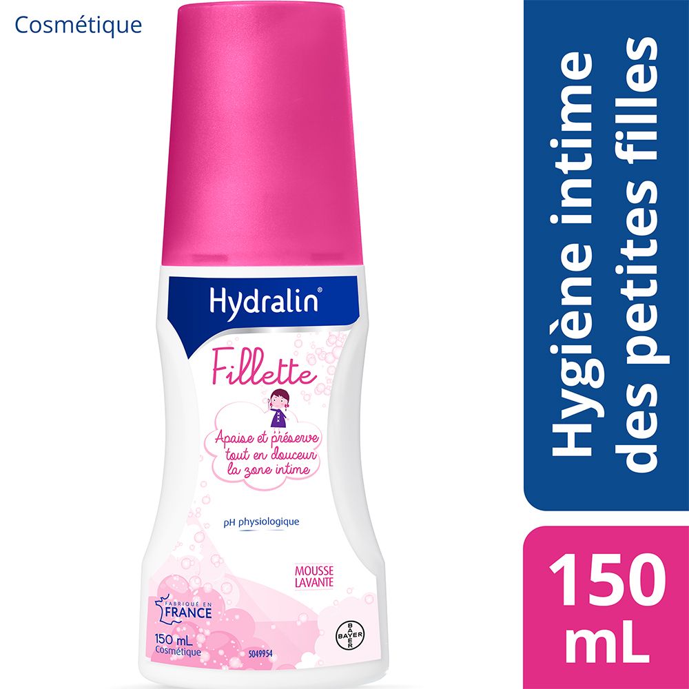 Flacon Hydralin Fillette Mousse Lavante, bouchon rose. 150 ml. Texte: Hygiène intime des petites filles.