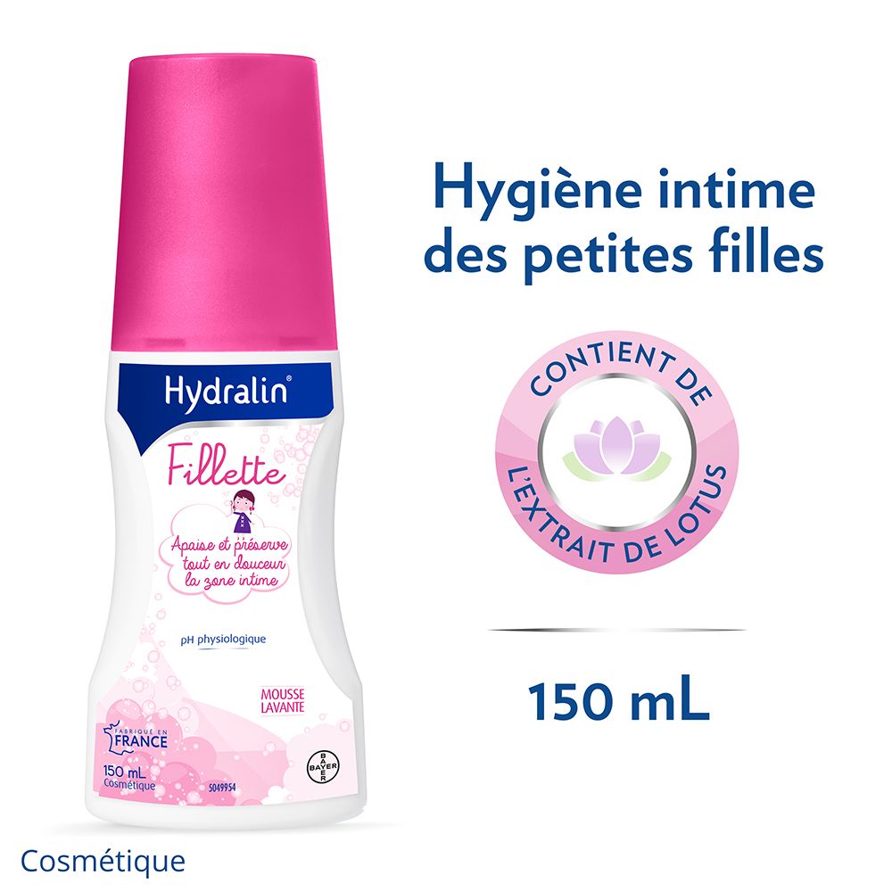 Flacon Hydralin Fillette Mousse Lavante, bouchon rose. 150 ml. Contient de l'extrait de lotus.