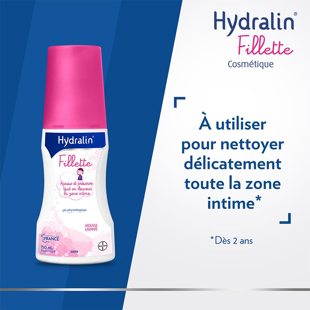 Flacon Hydralin Fillette Mousse Lavante. Texte: À utiliser pour nettoyer délicatement toute la zone intime.
