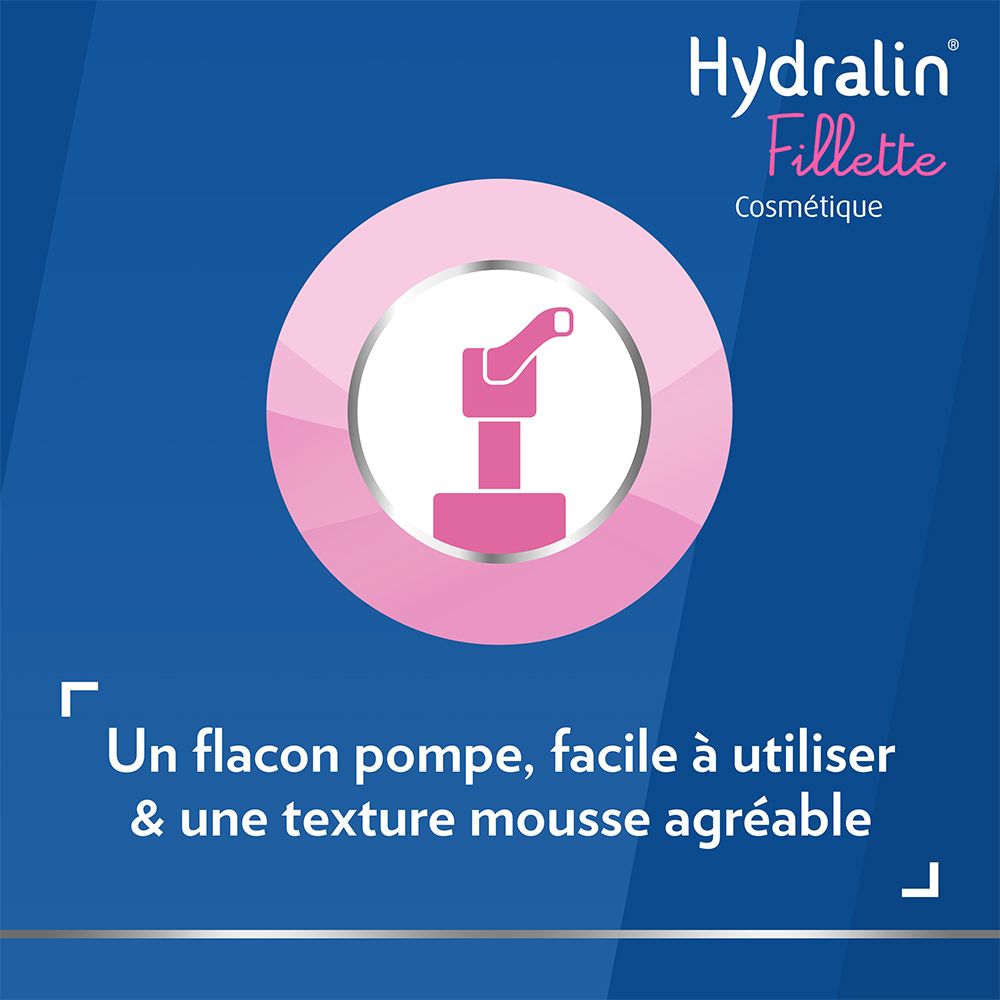 Flacon pompe rose. Texte: Un flacon pompe, facile à utiliser & une texture mousse agréable.