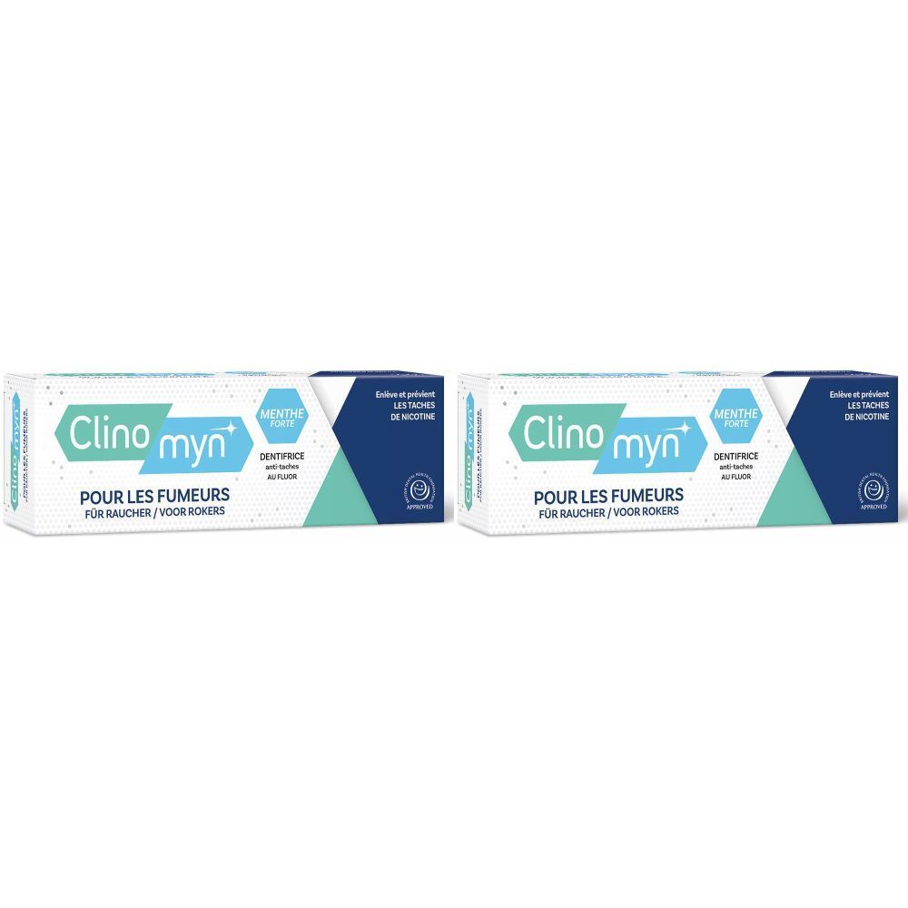 Deux boîtes de Clinomyn Dentifrice fumeurs. Emballage blanc avec accents bleu-vert. Texte: POUR LES FUMEURS. Menthe forte.