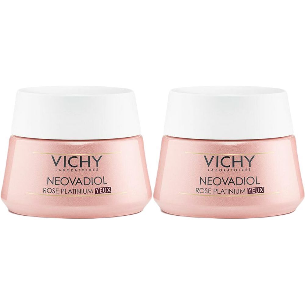 Deux pots roses avec couvercles blancs. Inscription : VICHY, NEOVADIOL ROSE PLATINIUM YEUX.
