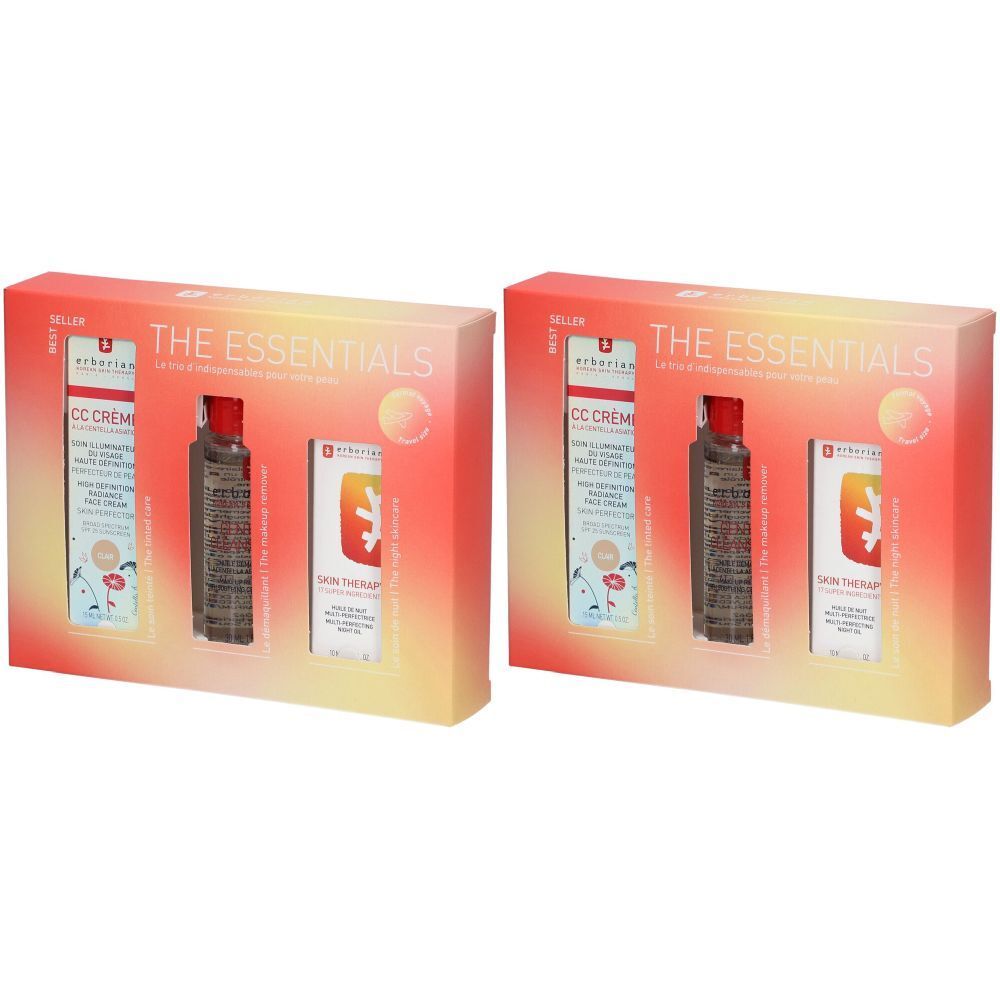 Geschenkset mit drei Produkten. Enthält CC Creme, Öl und Skin Therapy. Verpackung in Rot-Gelb.