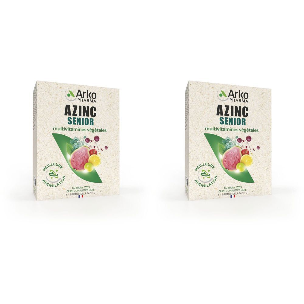 Deux boîtes de Arkopharma AZINC Senior multivitamines végétales. Inscription: AZINC SENIOR, multivitamines végétales.