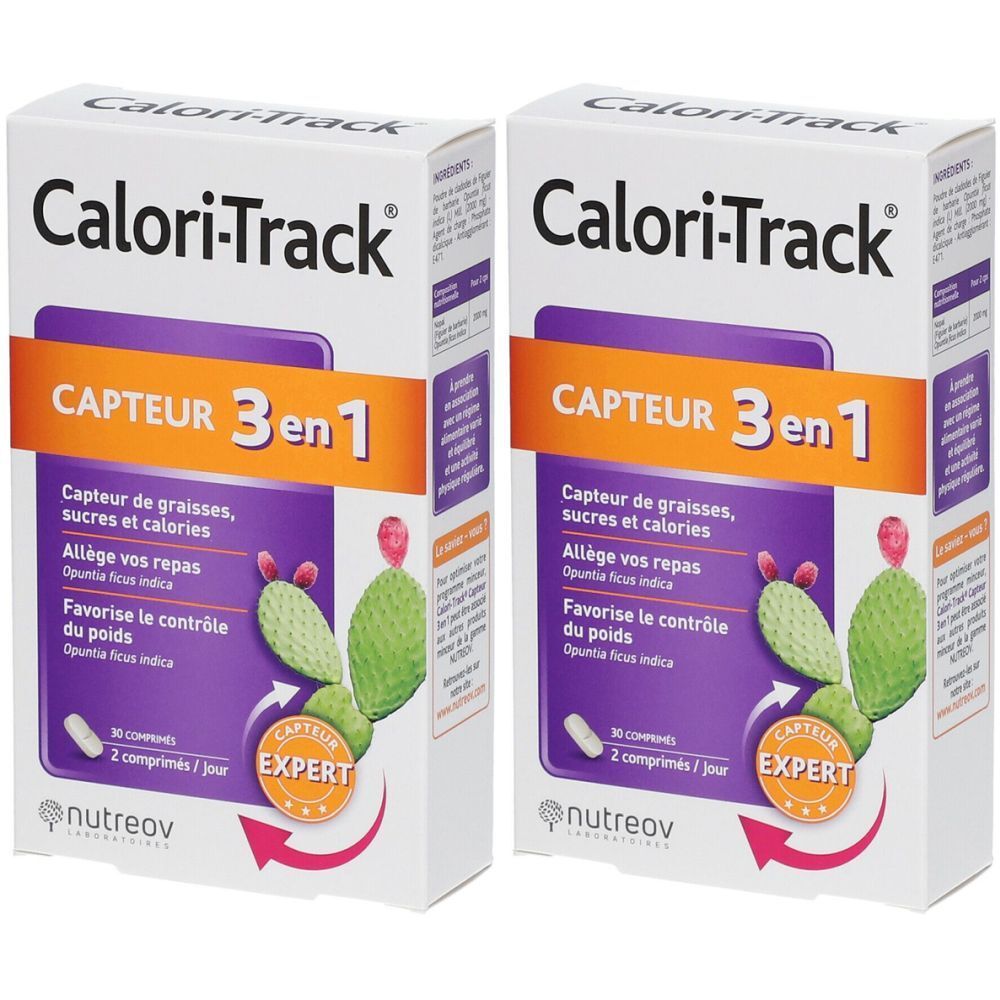 Deux boîtes Calori-Track, CAPTEUR 3 en 1. Illustration de cactus et mentions textuelles. Logo Nutreov en bas.