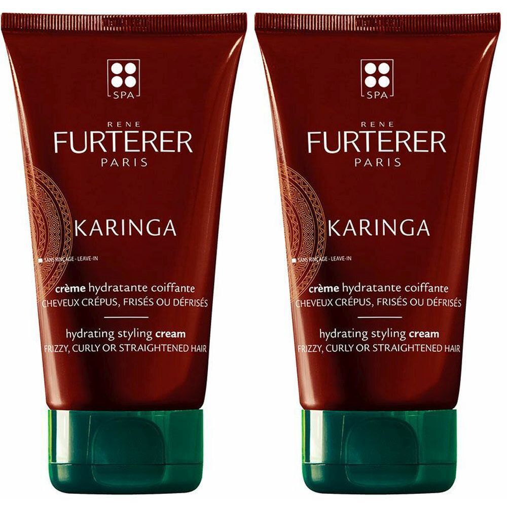 Deux tubes de crème capillaire. Tubes brun foncé avec bouchons verts. Inscription : René Furterer Paris, Karinga, crème hydratante coiffante.