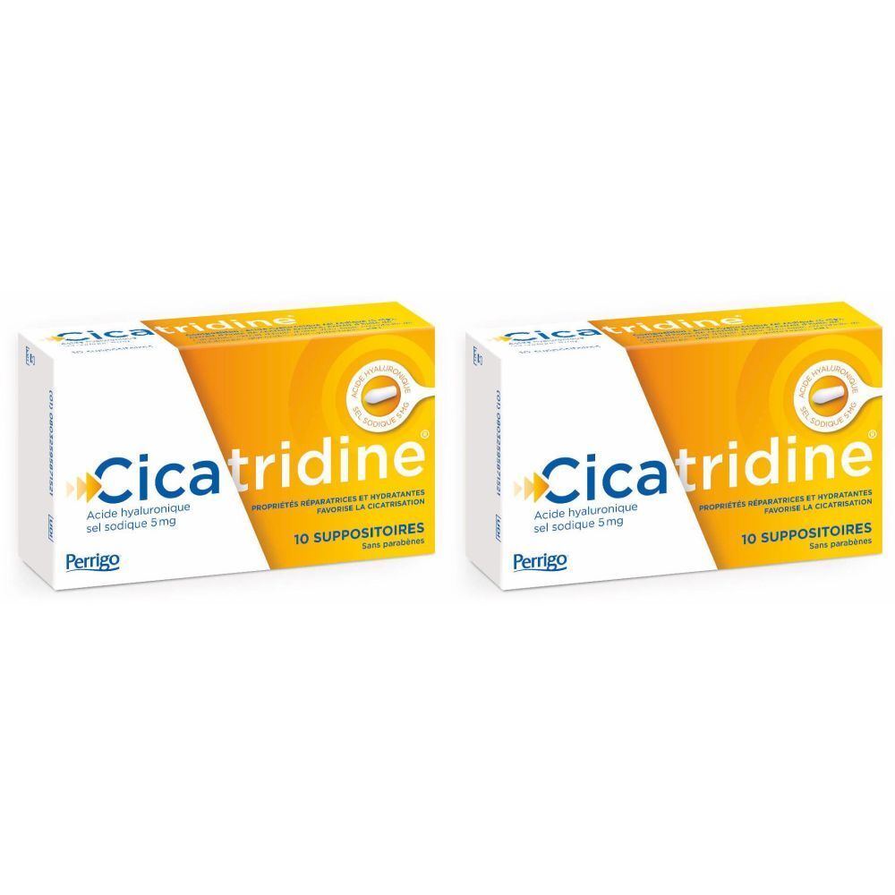 Deux boîtes de "Cicatridine". Emballage blanc et jaune avec informations produit et 10 suppositoires.