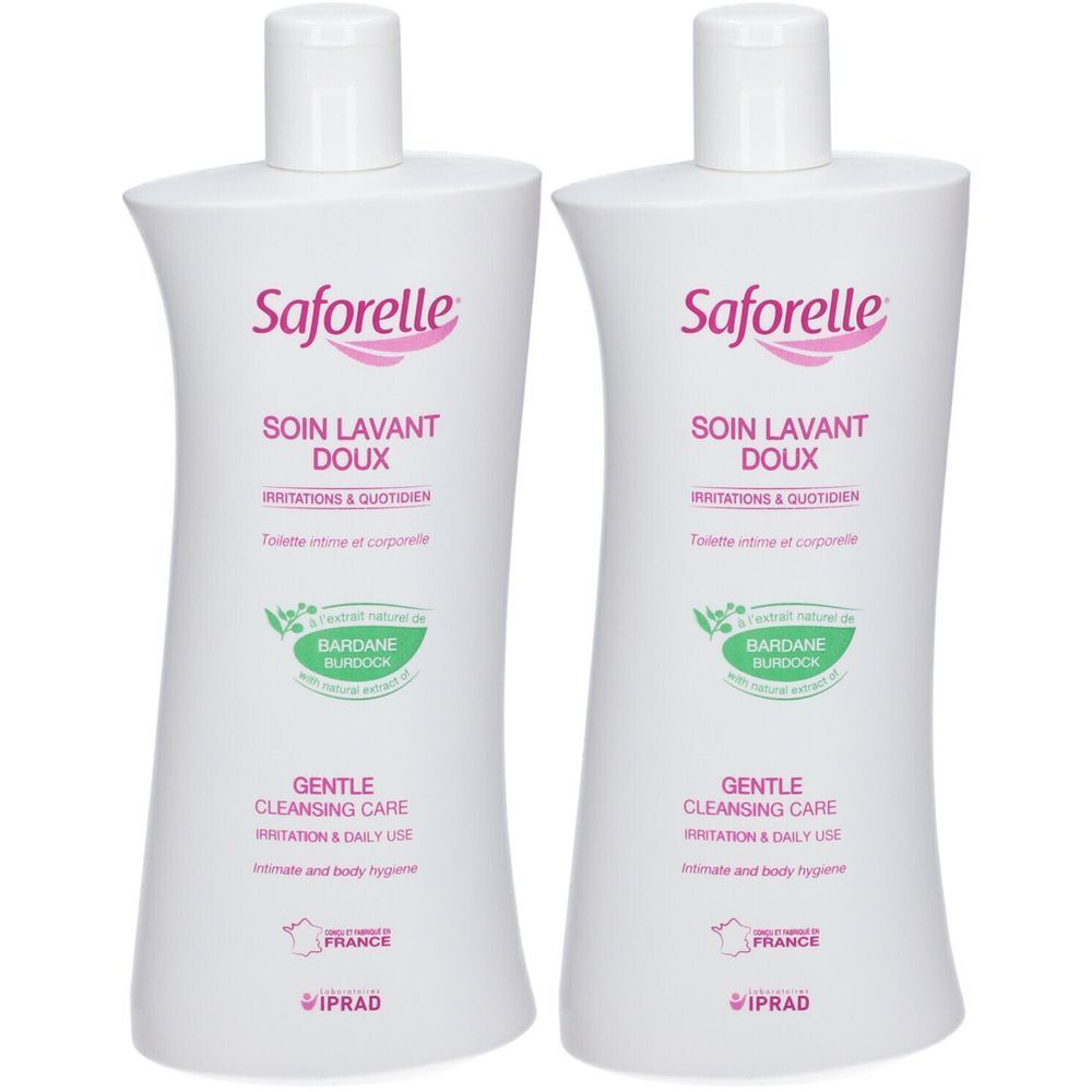 Zwei weiße Flaschen mit rosa Aufschrift "Saforelle". Text: "SOIN LAVANT DOUX".