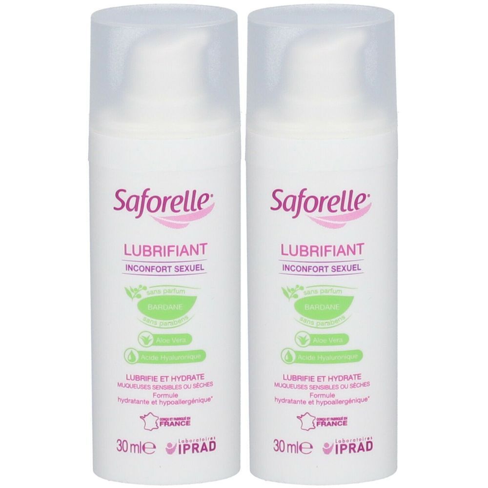 Deux flacons blancs "Saforelle Lubrifiant". Inscription rose, texte "Inconfort sexuel", "Lubrifie et hydrate". 30 ml.