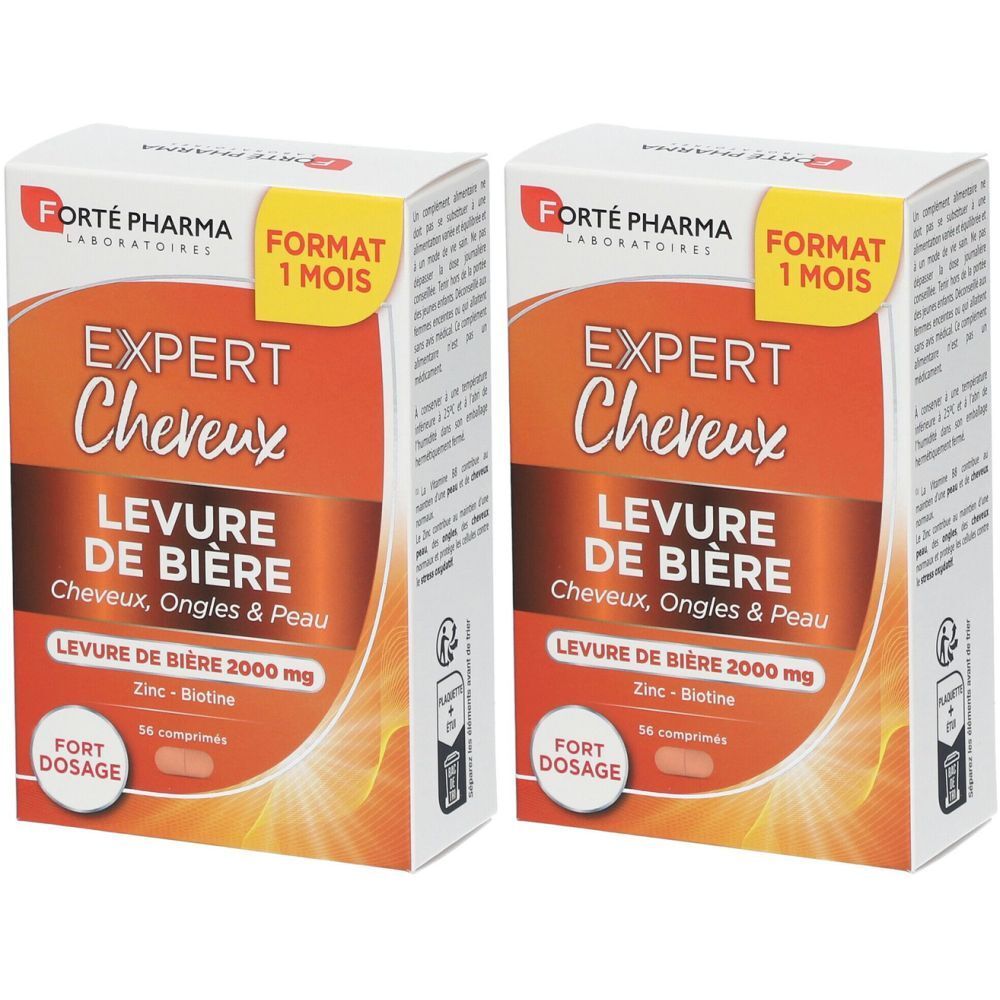 Zwei Schachteln mit "Expert Cheveux Levure de Bière" von Forté Pharma. Aufschrift: "Format 1 mois".