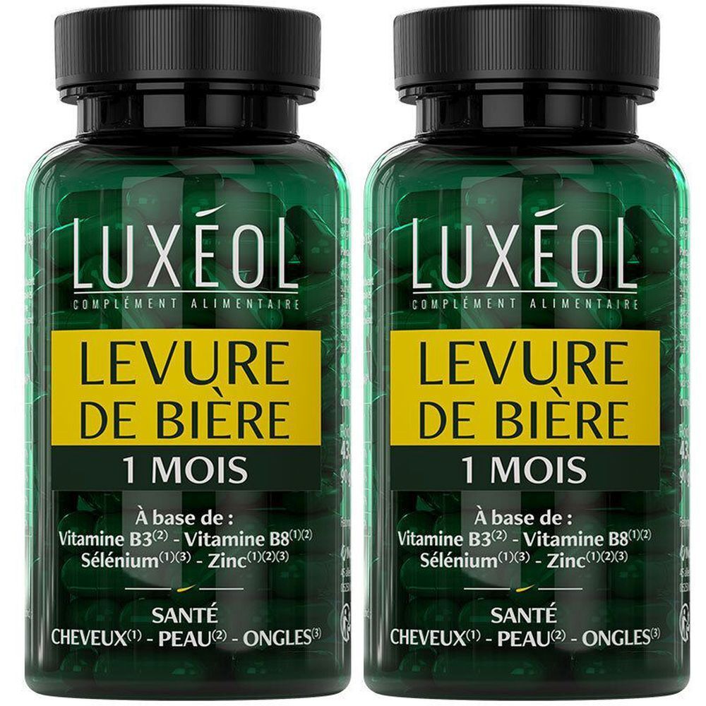 Deux flacons de gélules. Inscription LUXÉOL, Levure de Bière, 1 Mois. Contient vitamines et minéraux. Pour cheveux, peau et ongles.