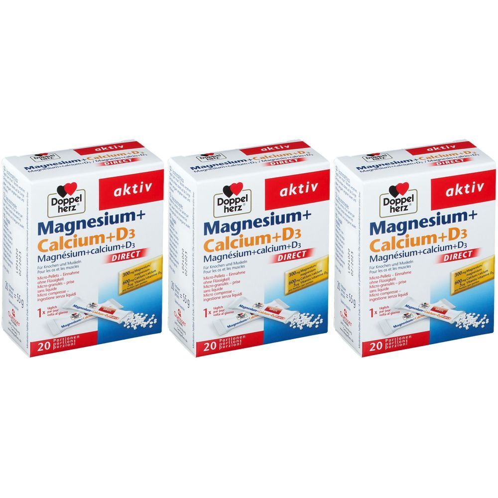 Trois boîtes de Doppelherz aktiv Magnesium + Calcium + D3 DIRECT. Emballage blanc avec accent rouge. Contient 20 sachets.