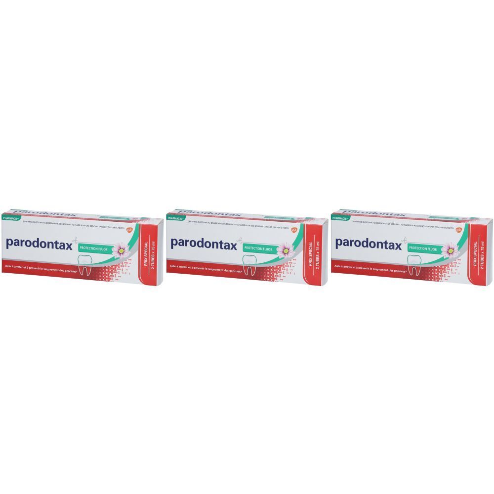 Trois boîtes de dentifrice "parodontax". Emballage rouge, blanc et vert. Inscription "Dentifrice Gel Fluor".