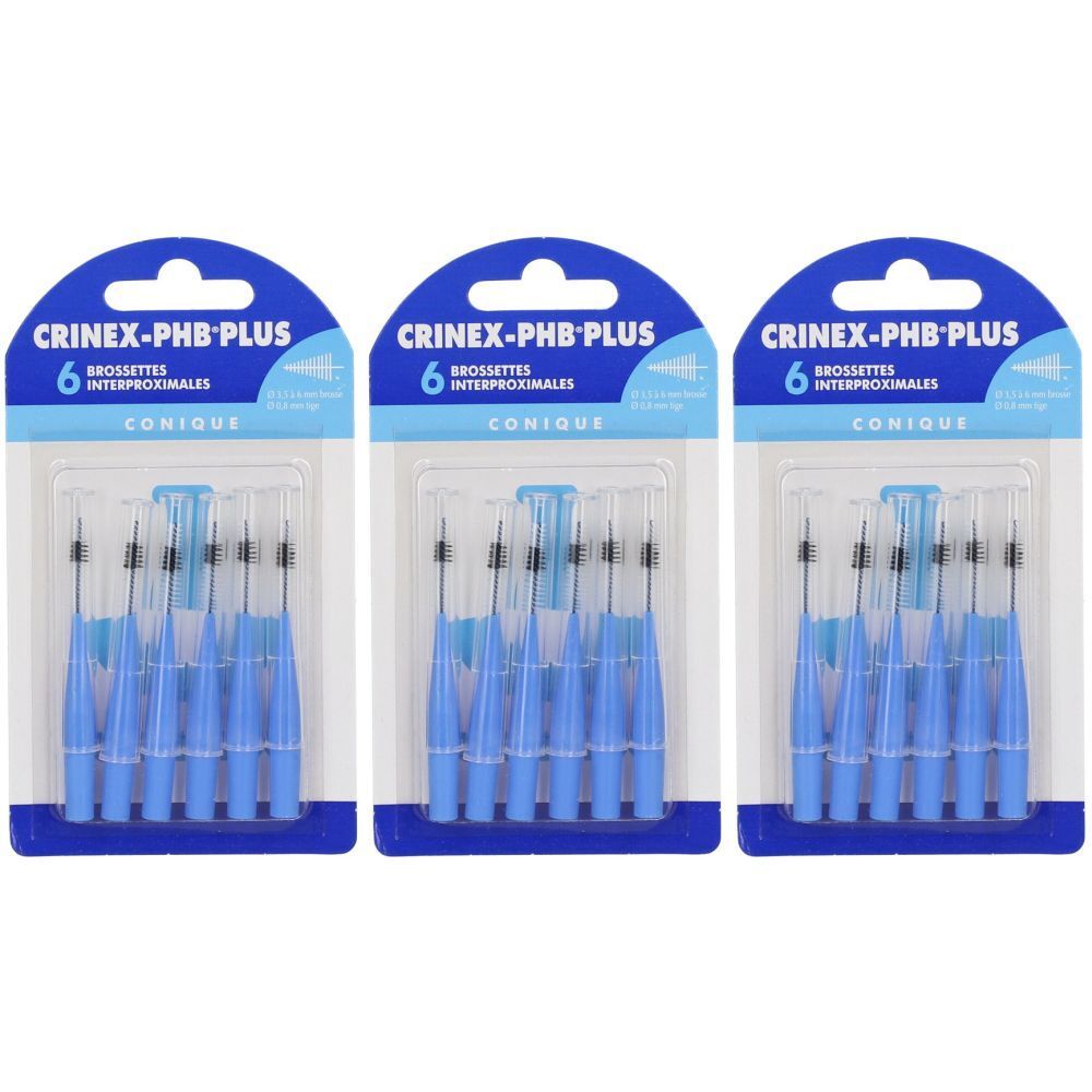 Drei Packungen mit CRINEX-PHB-PLUS Interdentalbürsten. Jede Packung enthält 6 Bürsten. Blaue Griffe, transparente Verpackung.