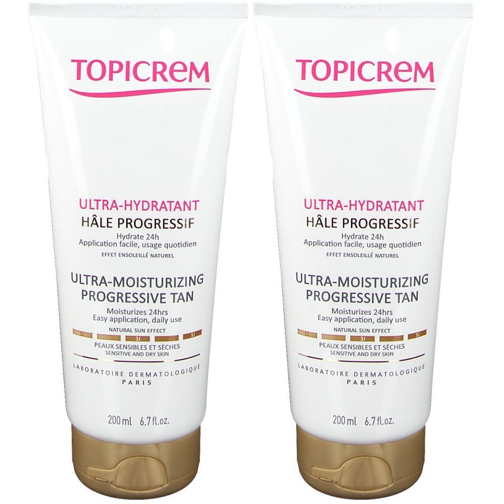 Deux tubes blancs avec texte rose et doré. Inscription: TOPICREM, ULTRA-HYDRATANT HÂLE PROGRESSIF, ULTRA-MOISTURIZING PROGRESSIVE TAN.