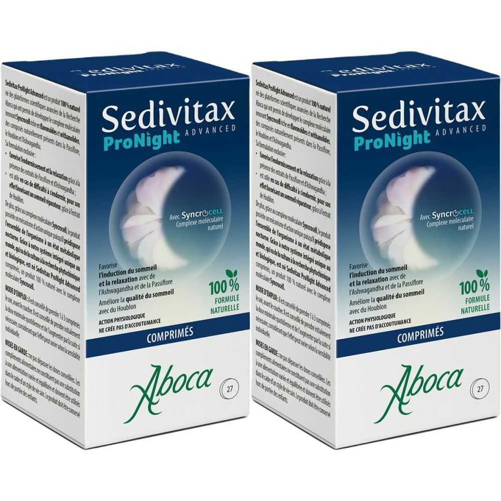 Deux boîtes de Sedivitax ProNight ADVANCED. Inscription : Aboca, formule 100% naturelle. Avec Syncroce et Comprimés.