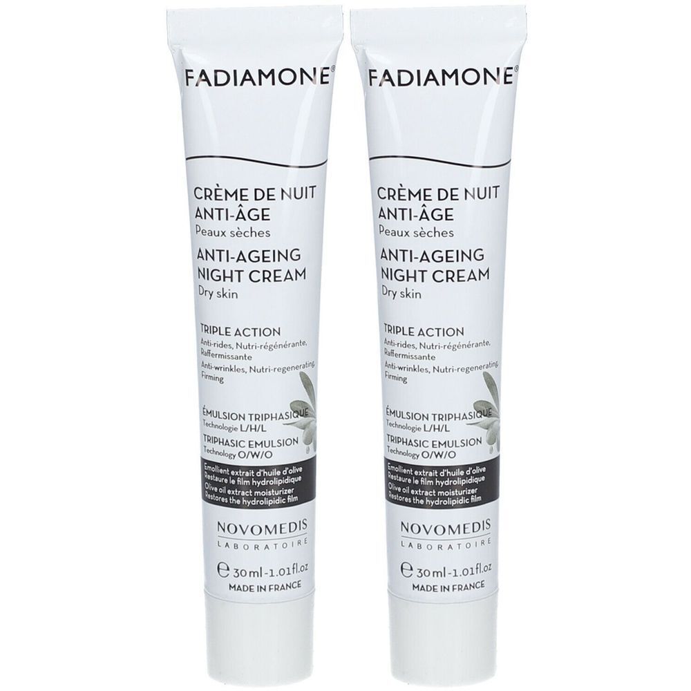 Deux tubes de crème de nuit Fadiamone. Tubes blancs avec texte noir. Crème de Nuit Anti-Âge, Anti-Ageing Night Cream, Triple Action.