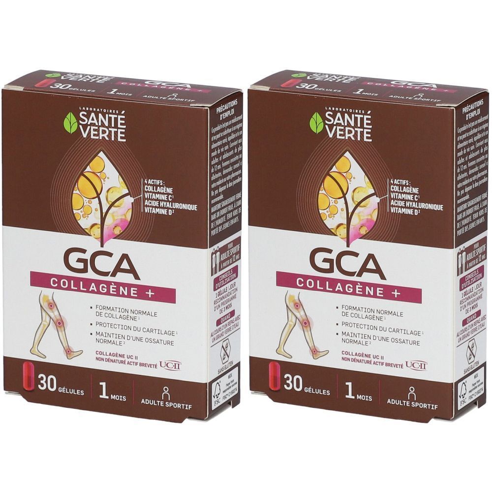 Zwei Schachteln SANTE VERTE GCA Kollagen +. Aufschrift: 30 Kapseln, 1 Monat, Erwachsene Sportler. Braune und weiße Verpackung.