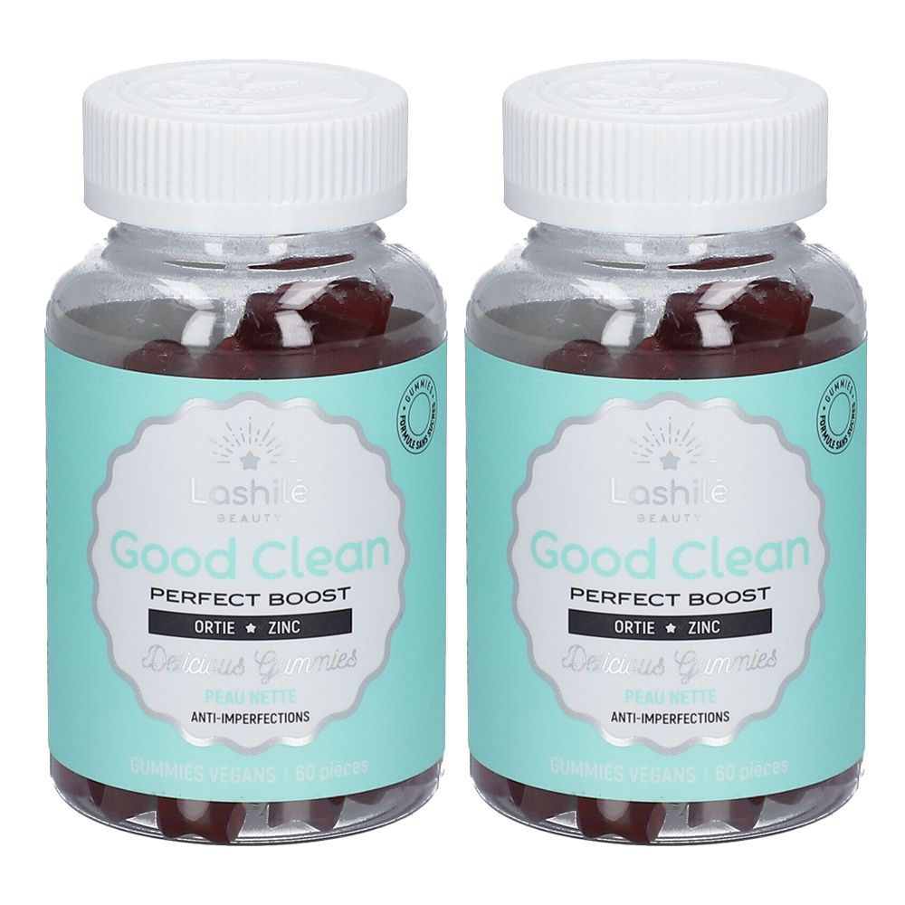 Deux flacons de gummies. Inscription: Good Clean, Perfect Boost, Ortie, Zinc. Vegan. Anti-imperfections cutanées.