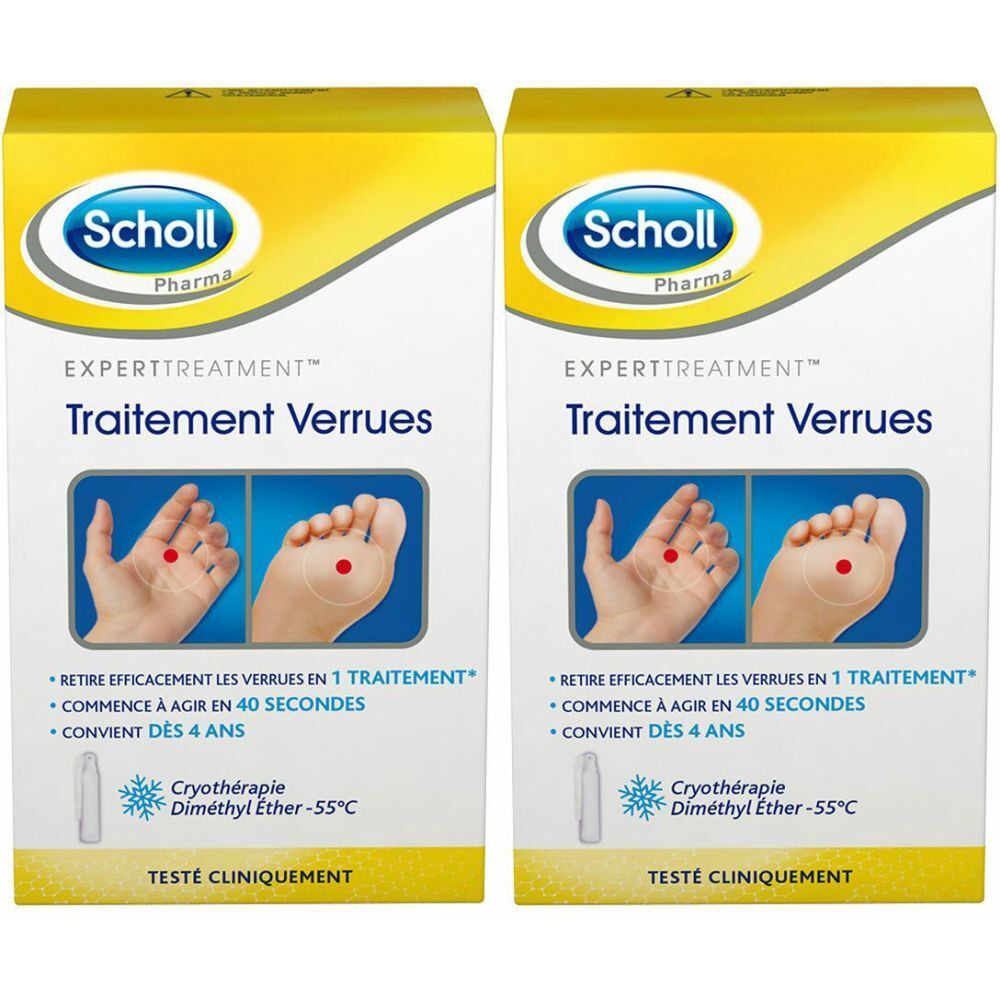 Deux boîtes de Scholl Expert Treatment Traitement Verrues. Inscriptions : Cryothérapie, Diméthyl Ether -55°C, Testé cliniquement.