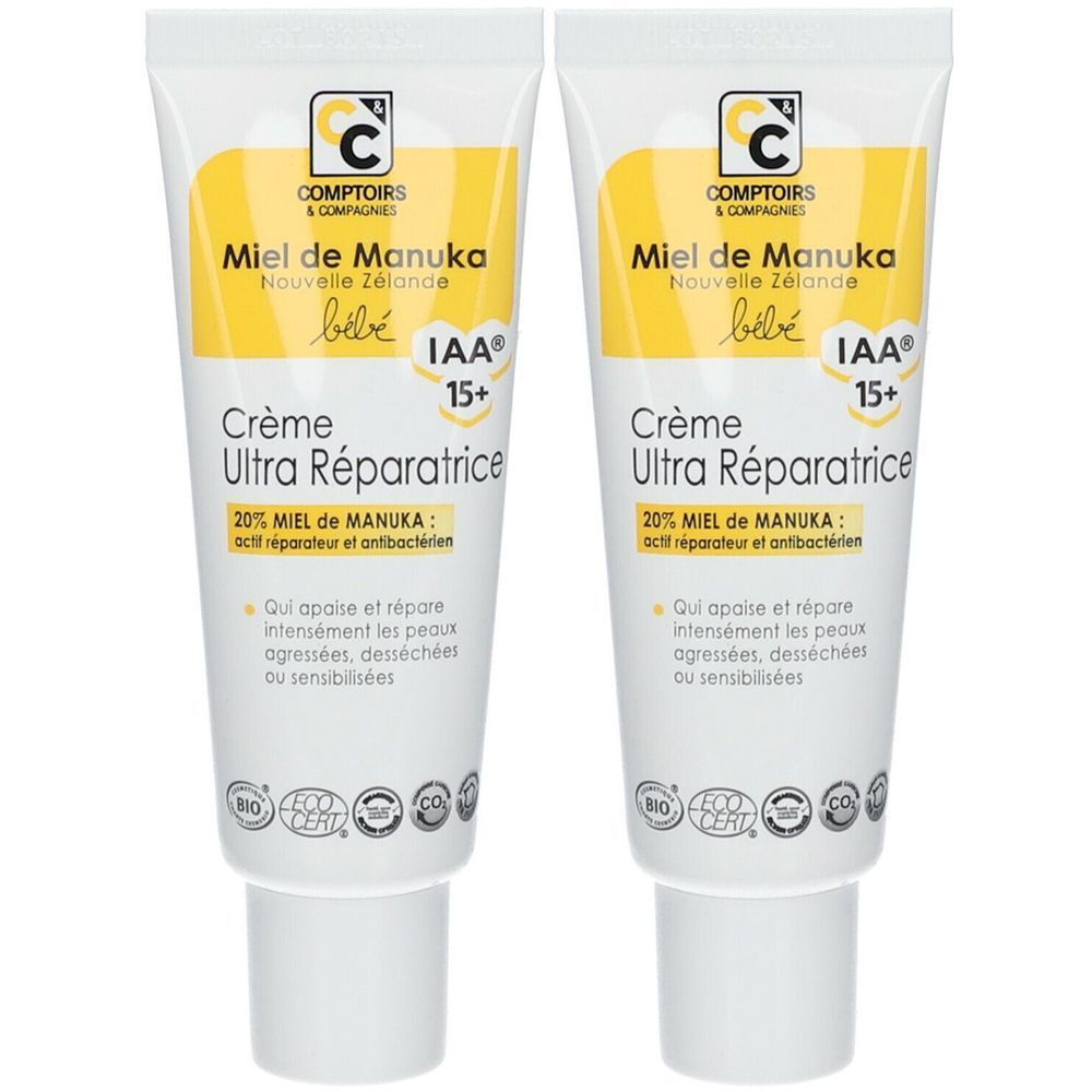 Deux tubes de crème blanche et jaune. Texte : Miel de Manuka, Crème Ultra Réparatrice, IAA 15+.