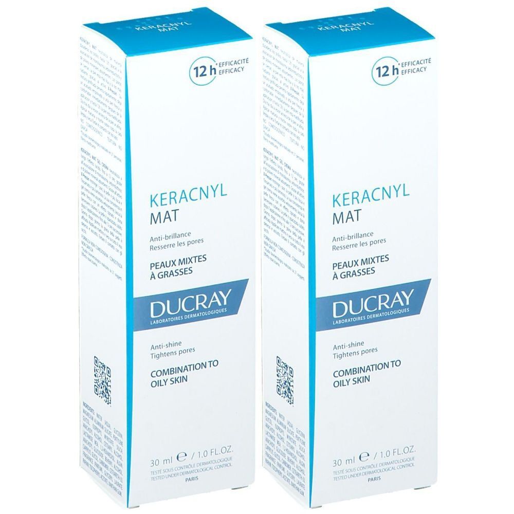 Deux boîtes KERACNYL MAT, marque DUCRAY. Texte en français. Emballage bleu et blanc. Efficacité 12h.